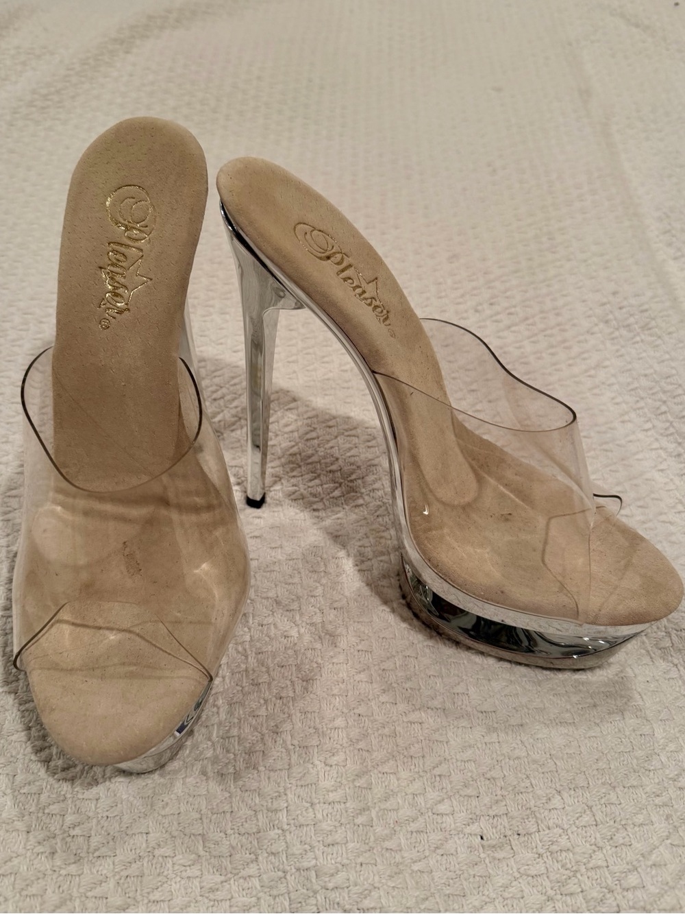 Pleaser Silver and Rhinestone Platform Mules with Nude Footbed